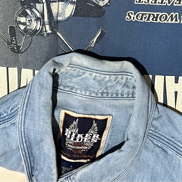 Men’s Harley Davison Button Up Denim Long Sleeve Shirt Sz Lg - Picture 7 of 7